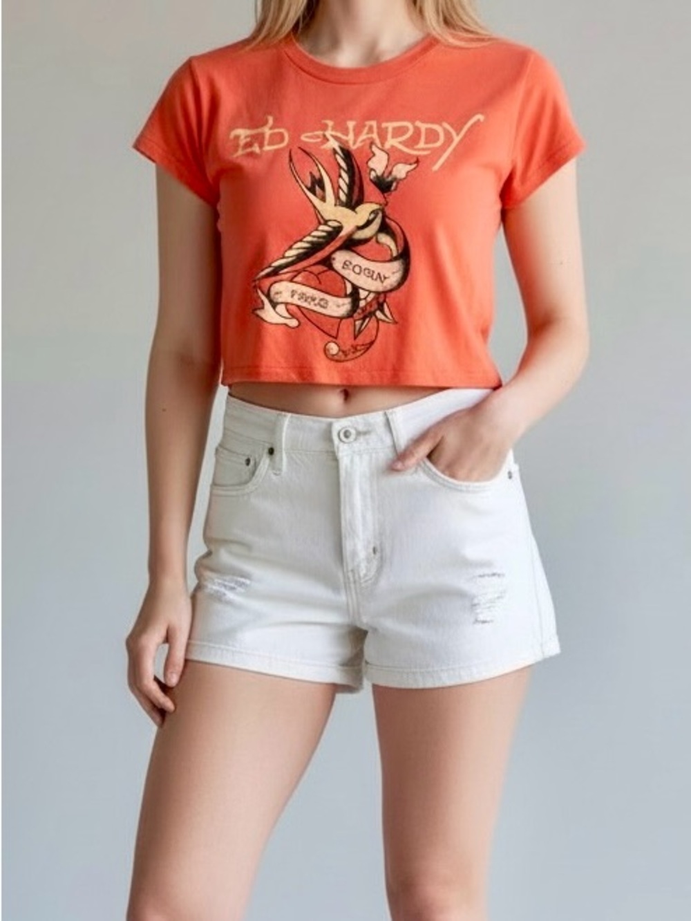 Ed Hardy Cropped Graphic Baby Tee Orange Y2K Tattoo Heart Bird Born Free Size M